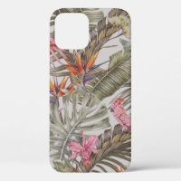 Fleurs tropicales, feuilles de palmiers, oiseau de