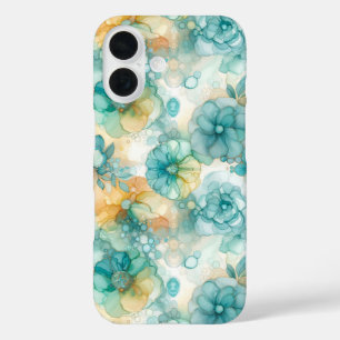 Coques iPhone 16 Fleurs turquoises et jaunes Illustration de l'encr