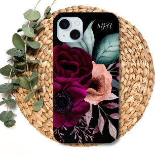 Coque iPhone 15 Mini Fleurs violettes de saumons Vintages monogrammes