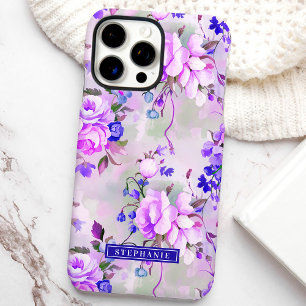 Coques iPhone 16 Pro Max Fleurs violettes et roses avec nom personnalisé
