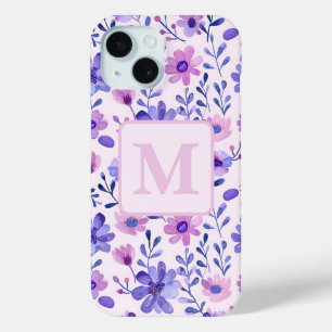 Coque Pour iPhone 15 Fleurs violettes peintes à la main monogramme pers