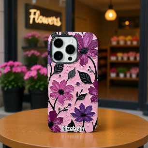 Coques iPhone 16 Pro Fleurs violettes texturées sur rose