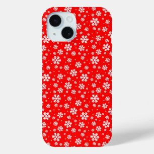 Coque Pour iPhone 15 Flocons blancs sur motif rouge d'hiver