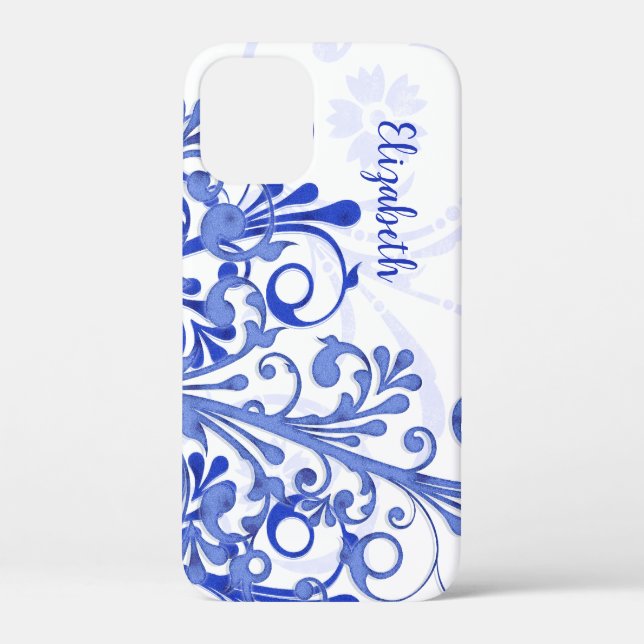 Coques Case-Mate iPhone Floral Abstrait bleu et blanc (Verso)