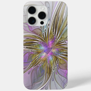 Coque iPhone 15 Pro Max Floral Coloré Abstrait Fractal Avec Rose & Or
