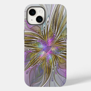 Coque Pour iPhone 14 Floral Coloré Abstrait Fractal Avec Rose & Or