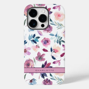 Coque Pour iPhone 14 Pro Floral d'aquarelle pourpre avec nom