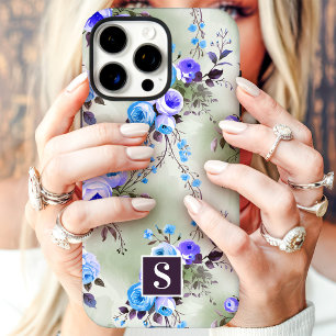Coques iPhone 16 Pro Max Floral de monogramme bleu et violet