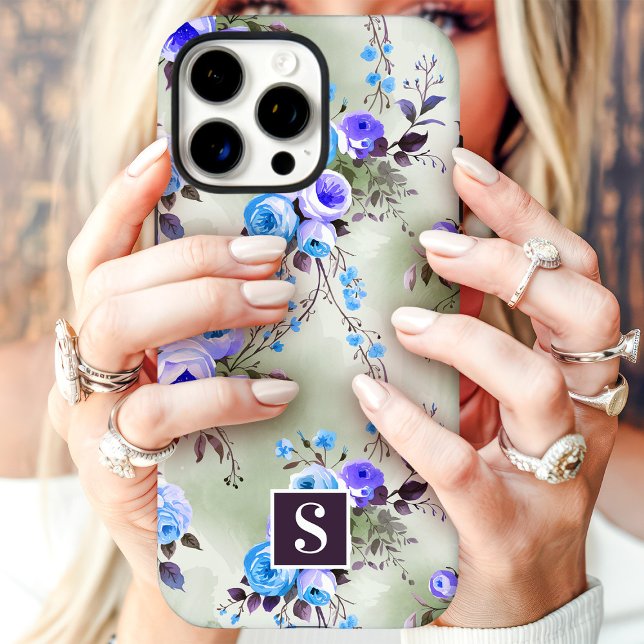 Coques Case-Mate iPhone Floral de monogramme bleu et violet (Créateur téléchargé)