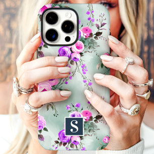 Coques iPhone 16 Pro Max Floral de monogramme rose et pourpre