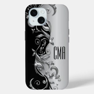 Coque Pour iPhone 15 Floral gris argenté - Monogramme