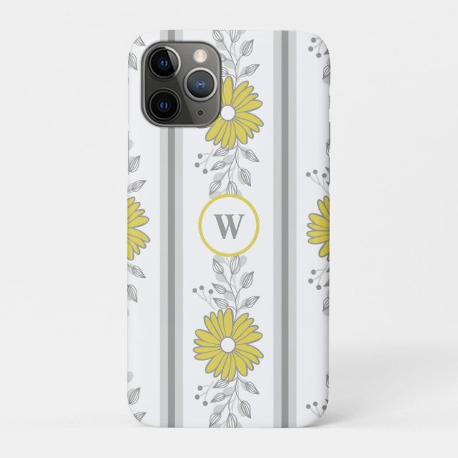 Coques Case-Mate iPhone Floral jaune et gris monogramme (Dos)