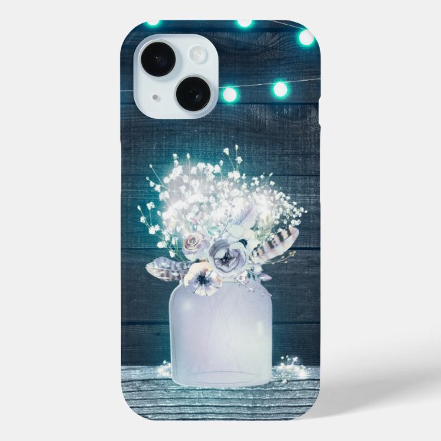 Coques Case-Mate iPhone Floral Mason Jar & Blue String Lights Rustique (Verso)