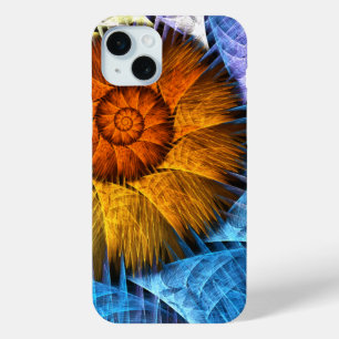 Coque iPhone 15 Mini Floral Orange Bleu Jaune Art Abstrait