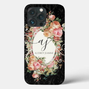 Case-Mate iPhone Case Floral rose noir élégant Monogramme Vintage Script