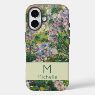Coques iPhone 16 Floral rose vert et blanc Fleurs Nom Monogramme