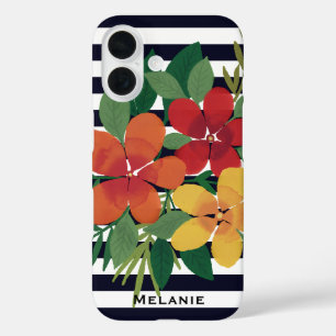 Coques iPhone 16 Floral sur bandes noires et blanches Personnalisé