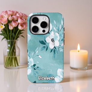 Coques iPhone 16 Pro Floral Turquoise monochromatique