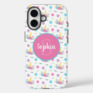 Coques iPhone 16 Floral Unicorn Face Personalized Monogram