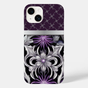Coque Pour iPhone 14 Floral Victorien violet noir argenté