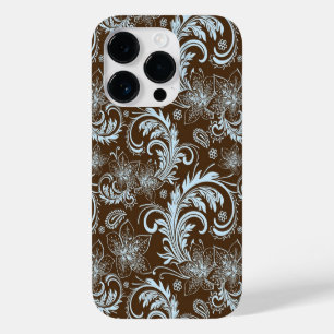 Coque Pour iPhone 14 Pro Flore Bleu Clair Sur Brown