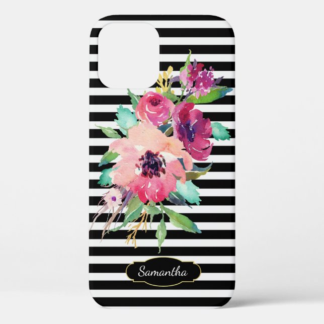 Coques Case-Mate iPhone Flore d'aquarelle vive sur bandes avec Monogramme (Verso)