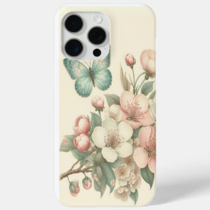 Coque iPhone 15 Pro Max Flore de style vintage/papillon de printemps