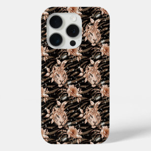 Coque iPhone 15 Pro Flore de tigre d'or Rose noir