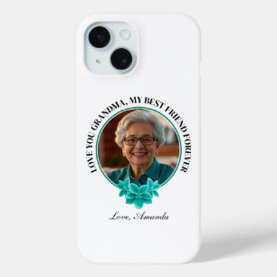 Coque Pour iPhone 15 Flore Turquoise cadre grand-enfant à grand-mère Ph