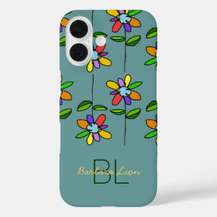 Coques iPhone 16 flowered on blue personalized