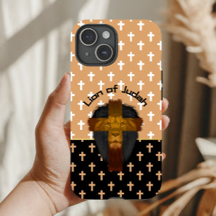 Coque Pour iPhone 15 Foi Beige Noir Blanc Croix Lion de Juda