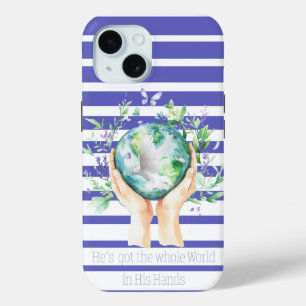 Coque Pour iPhone 15 Foi Féminine Bleue et Blanche à Rayures Terre Main
