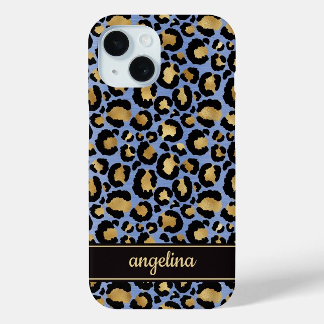 Coques Case-Mate iPhone Foil Doré Sur Monogramme Imprimé Léopard Bleu (Verso)