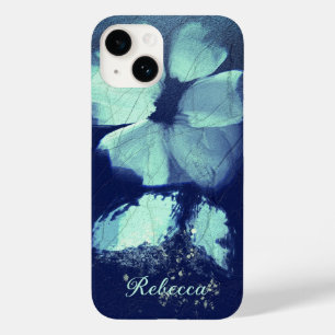 Coque Pour iPhone 14 Foil Torquoise Floral Navy Blue Script Monogramme