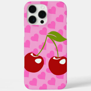 Coques iPhone 16 Pro Max Fond rose avec coeurs rouges et deux cerises