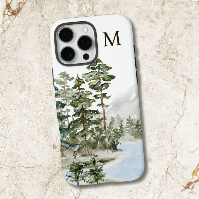 Coques Case-Mate iPhone Forêt de pins verts et lac monogrammés (In situ)