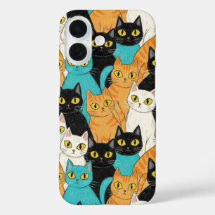 Coques iPhone 16 Foule de chats au crayon fantaisiste