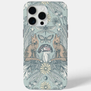 Coque iPhone 15 Pro Max fox cottagecore damassé opale pâle