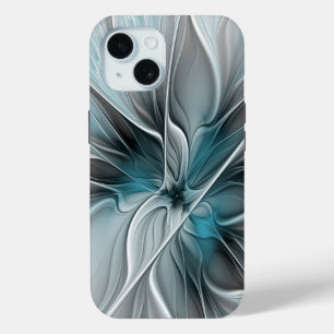 Coque Pour iPhone 15 Fractal Floral Moderne Abstrait Fleur Bleu Gris