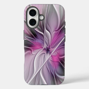 Coques iPhone 16 Fractal Floral Moderne Abstrait Fleur Rose Gris