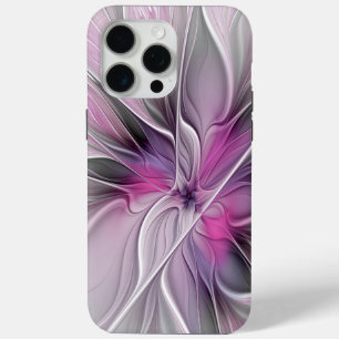 Coque iPhone 15 Pro Max Fractal Floral Moderne Abstrait Fleur Rose Gris