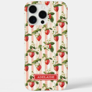Coques iPhone 16 Pro Max Fraises à l'aquarelle sur rayures monogrammées