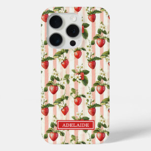 Coque iPhone 15 Pro Fraises à l'aquarelle sur rayures monogrammées
