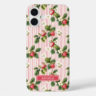 Coques iPhone 16 Plus Fraises à l'aquarelle sur rayures roses