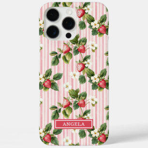 Coques iPhone 16 Pro Max Fraises à l'aquarelle sur rayures roses