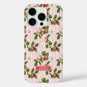 Coques iPhone 16 Pro Fraises à l'aquarelle sur rayures roses
