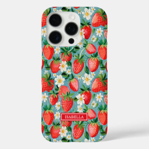 Coques iPhone 16 Pro Fraises Aquarelle Sur Monogramme Bleu
