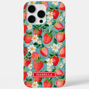 Coques iPhone 16 Pro Max Fraises Aquarelle Sur Monogramme Bleu