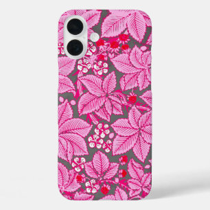 Coques iPhone 16 Plus Fraises et Feuilles Art Nouveau, rose et gris