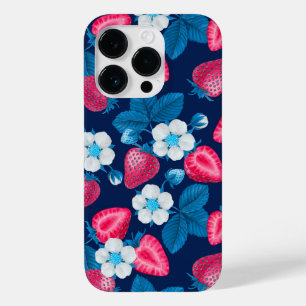 Coque Pour iPhone 14 Pro Fraises roses sur bleu